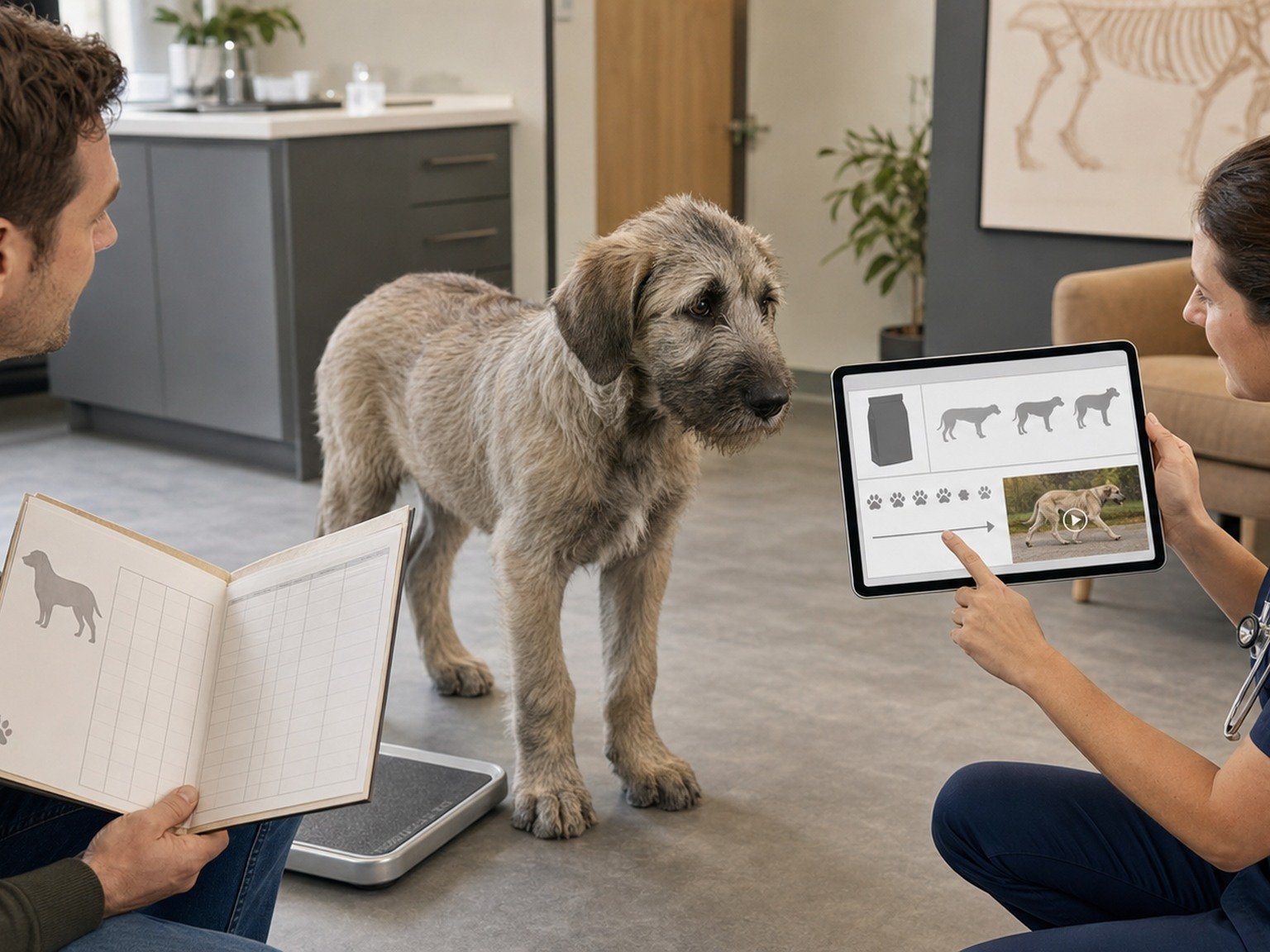 Irish Wolfhound puppy stands near a clinic scale while diet, growth, gait, and veterinary records are reviewed without numbers.