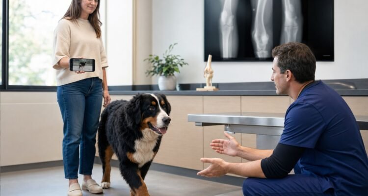 Veterinarian observes a Bernese Mountain Dog walking while the owner shares a forelimb gait video in an orthopedic clinic.
