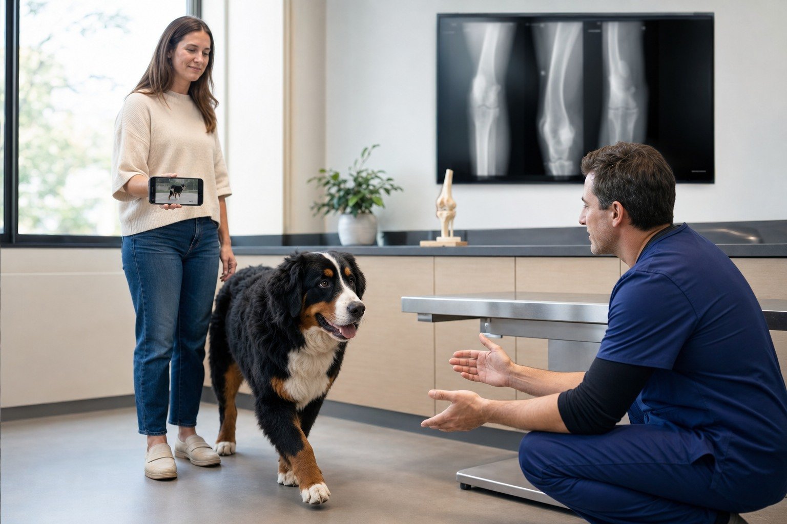 Veterinarian observes a Bernese Mountain Dog walking while the owner shares a forelimb gait video in an orthopedic clinic.