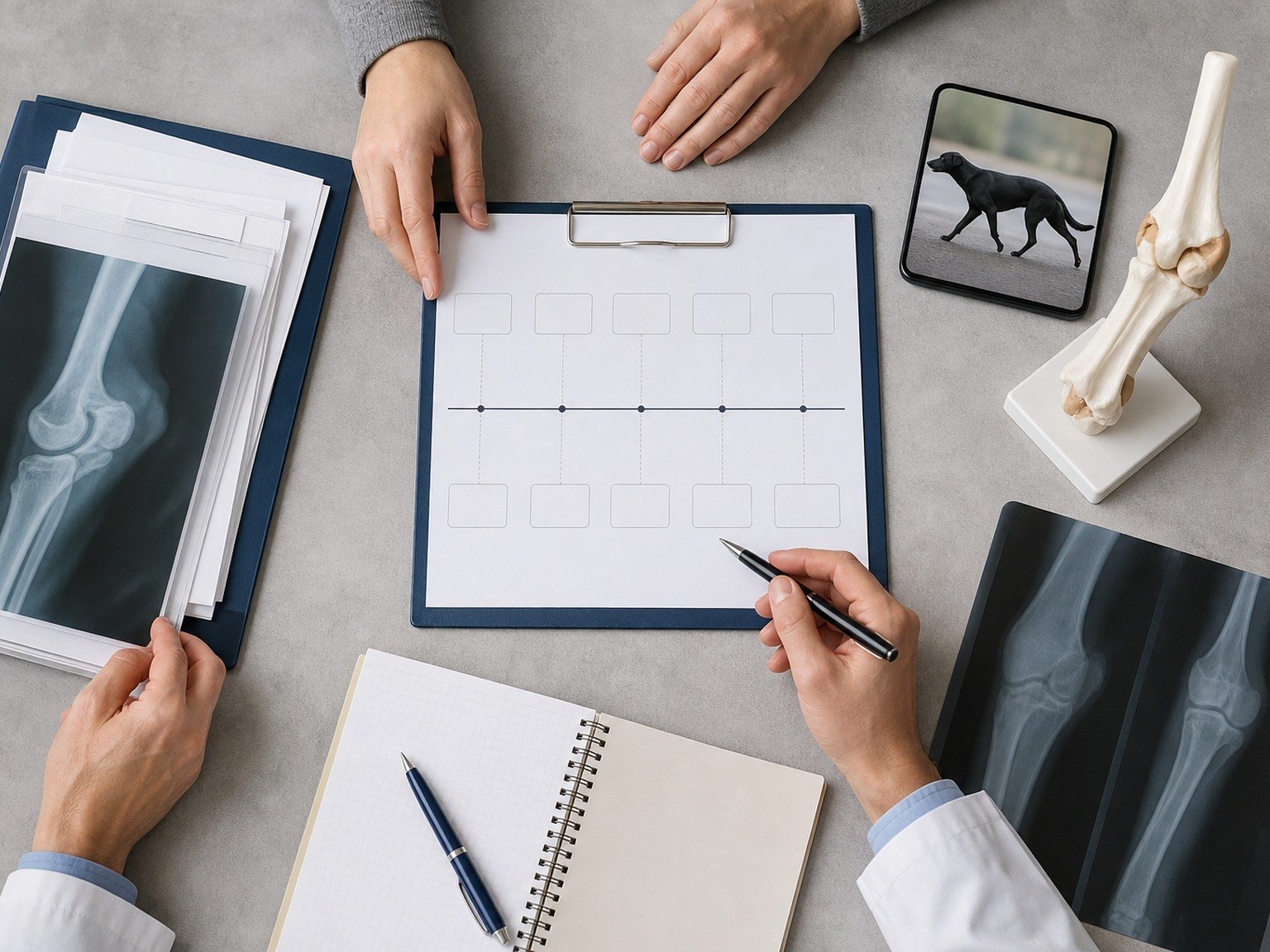 Elbow model, radiographs, gait video, and blank lameness timeline are organized for an orthopedic consultation.