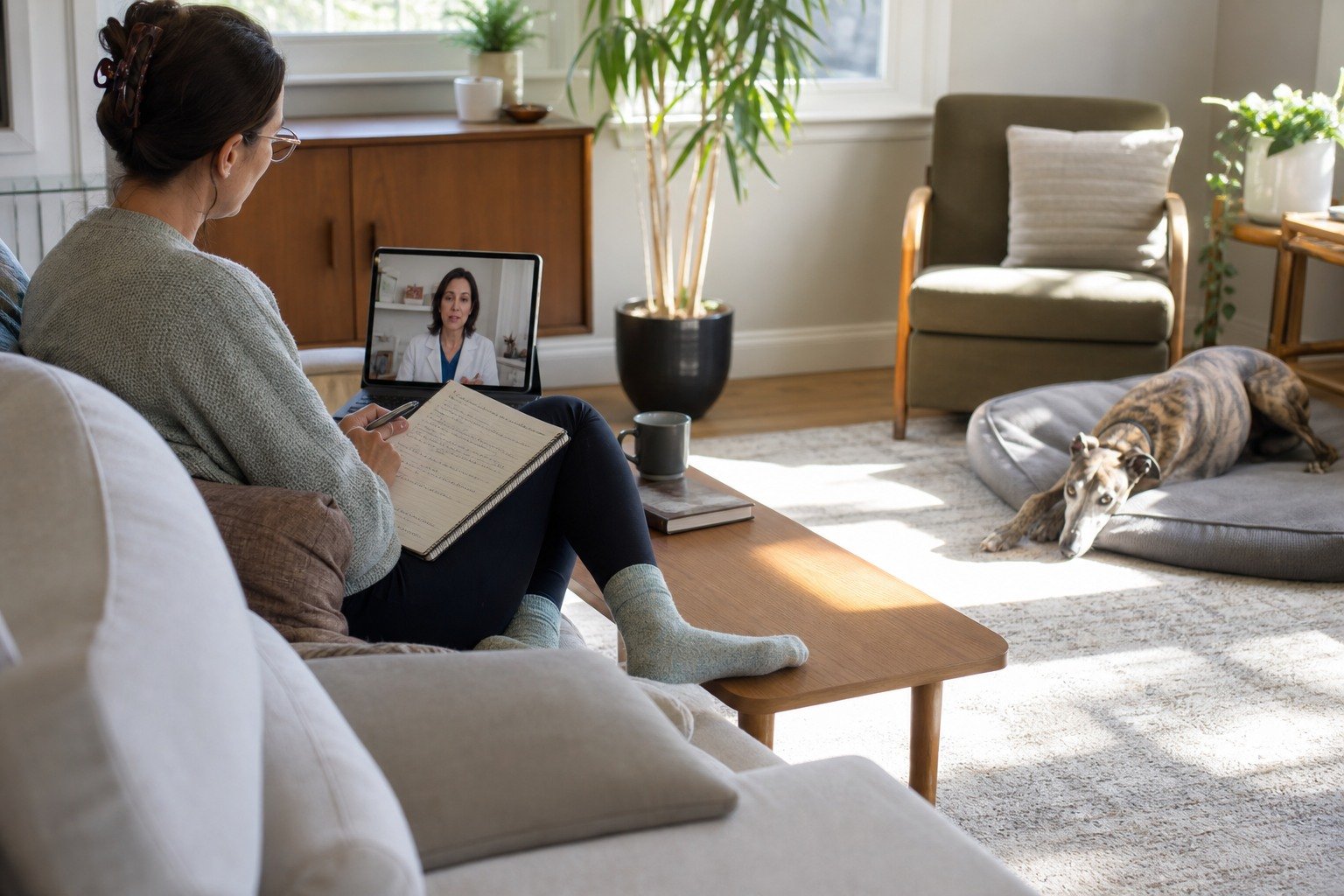 New owner records observations while a brindle Greyhound rests in a quiet home and a veterinarian joins by video.