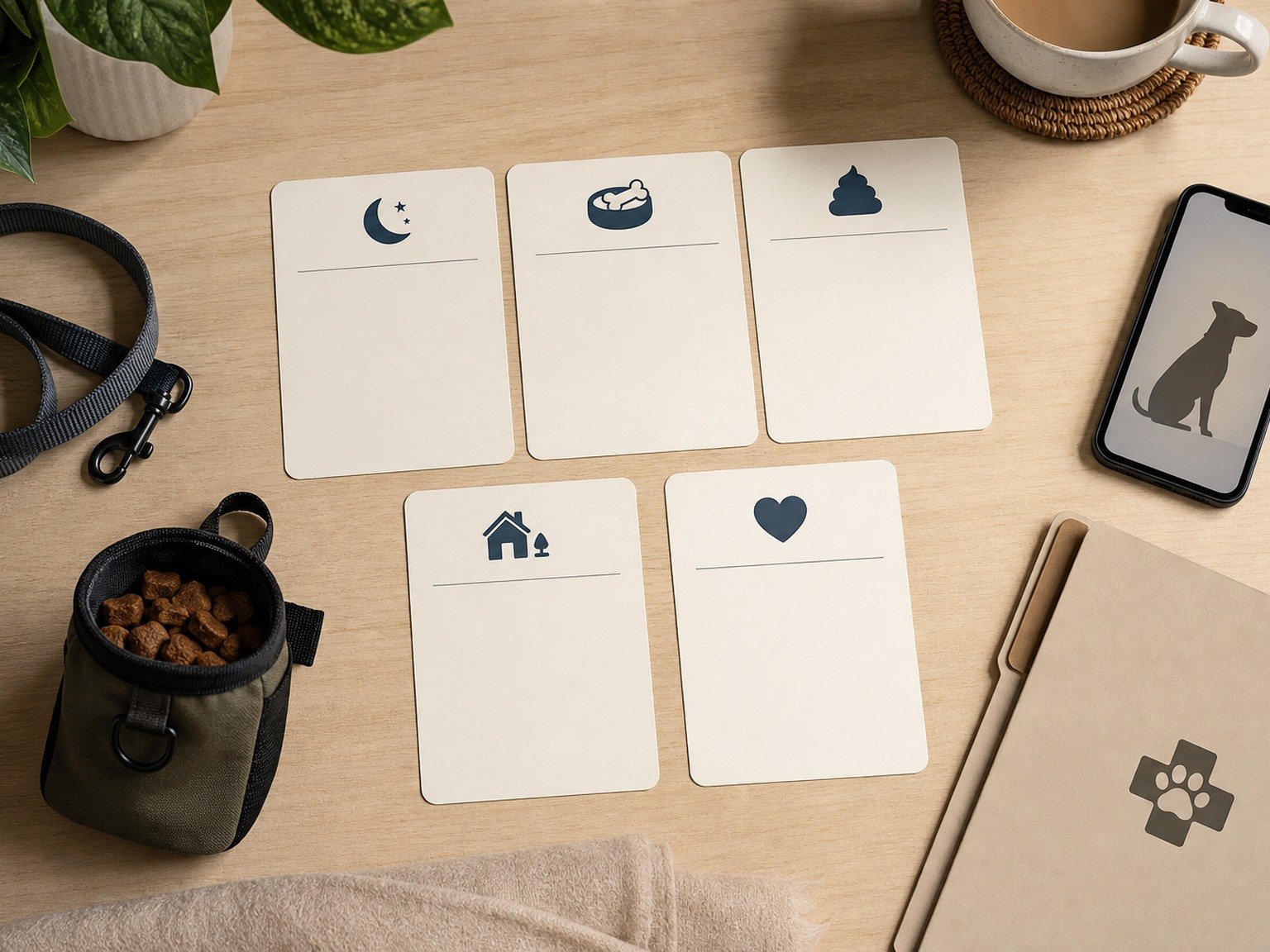 Blank icon cards organize sleep, appetite, elimination, context, recovery, and veterinary follow-up after adoption.