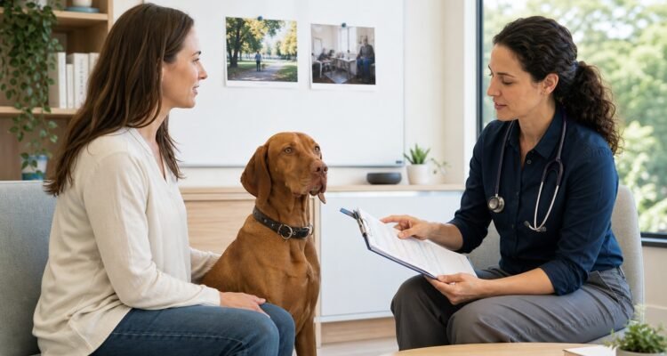 Veterinarian and owner review context and recovery observations beside a calm Vizsla in a behavior clinic.