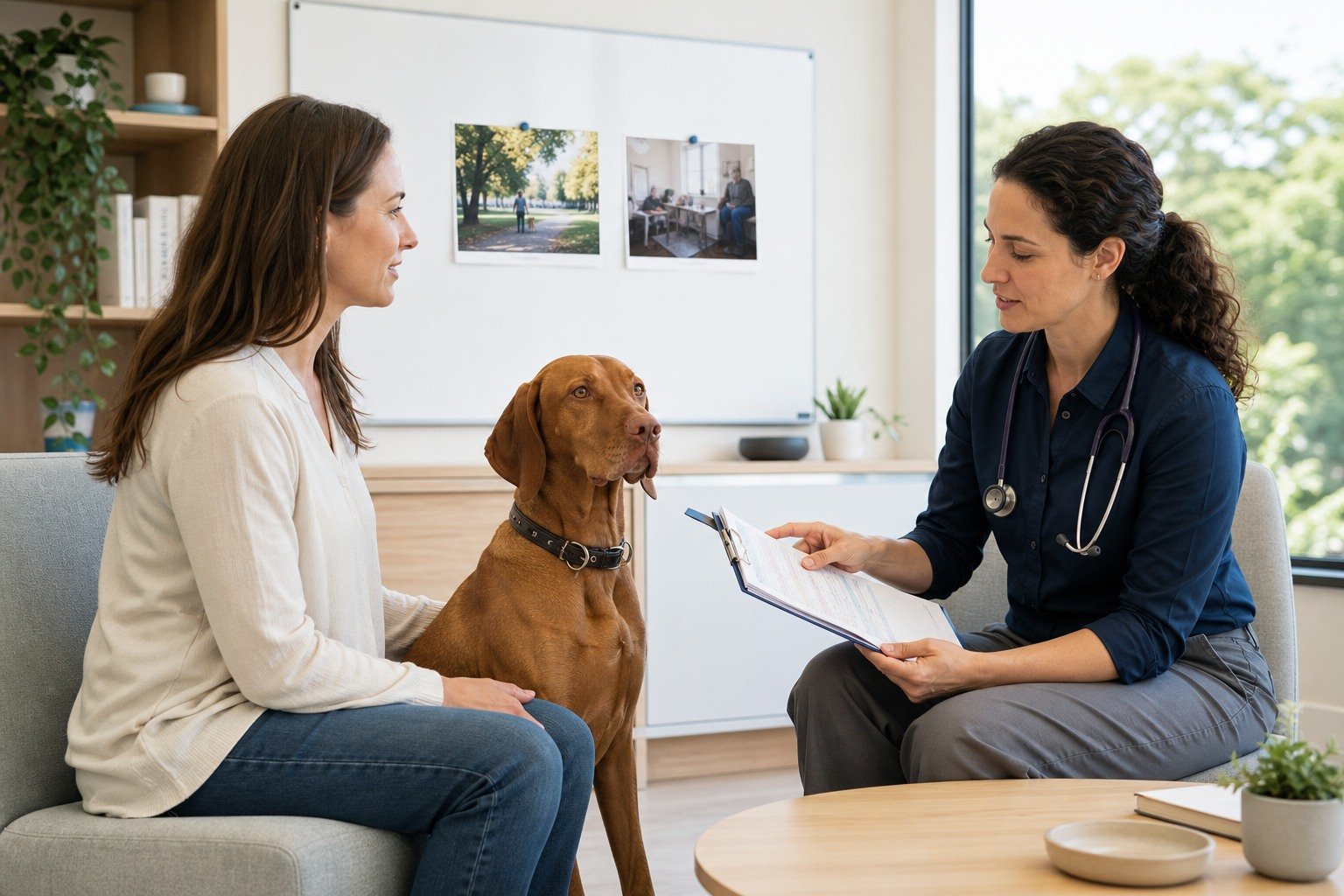Veterinarian and owner review context and recovery observations beside a calm Vizsla in a behavior clinic.