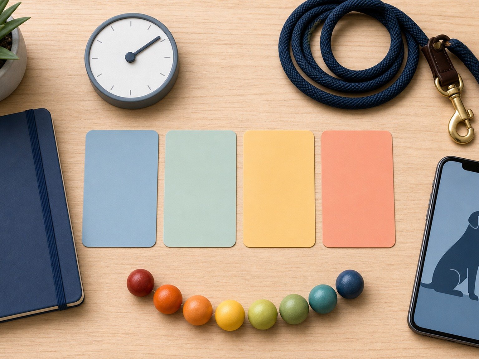 Text-free behavior record uses blank context cards, a clock, recovery beads, leash, notebook, and safe video.