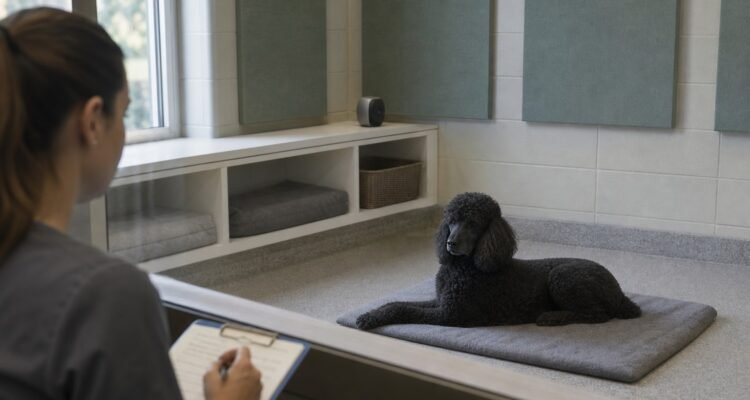 Veterinary behavior researcher observes a calm Standard Poodle resting in a low-stimulation hospital lounge with a neutral speaker.