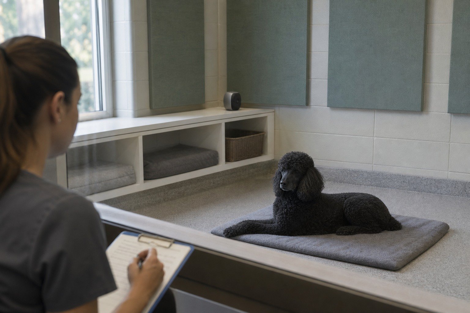 Veterinary behavior researcher observes a calm Standard Poodle resting in a low-stimulation hospital lounge with a neutral speaker.