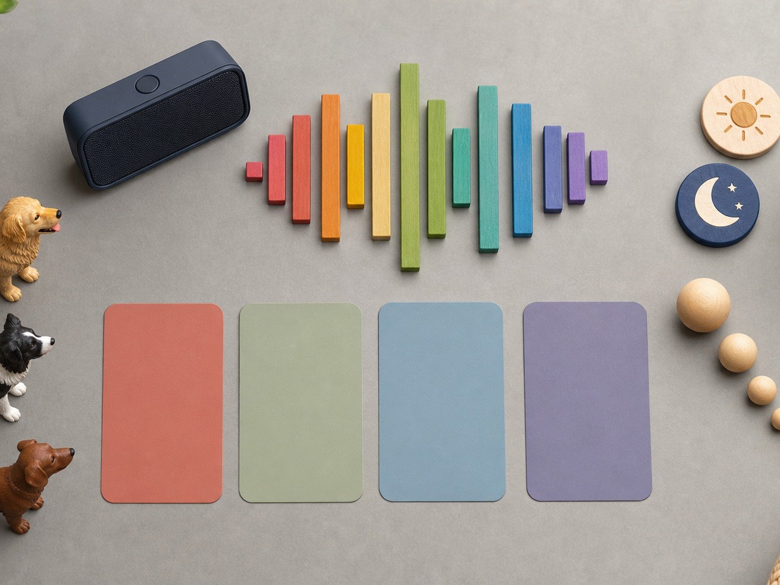 Text-free research still life uses a speaker, abstract sound wave, dog figures, blank evidence cards, and day-night tokens.