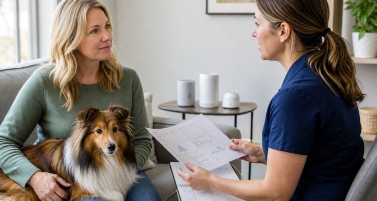 Veterinarian and owner review behavior evidence beside a calm Shetland Sheepdog while generic pheromone device shapes remain secondary.