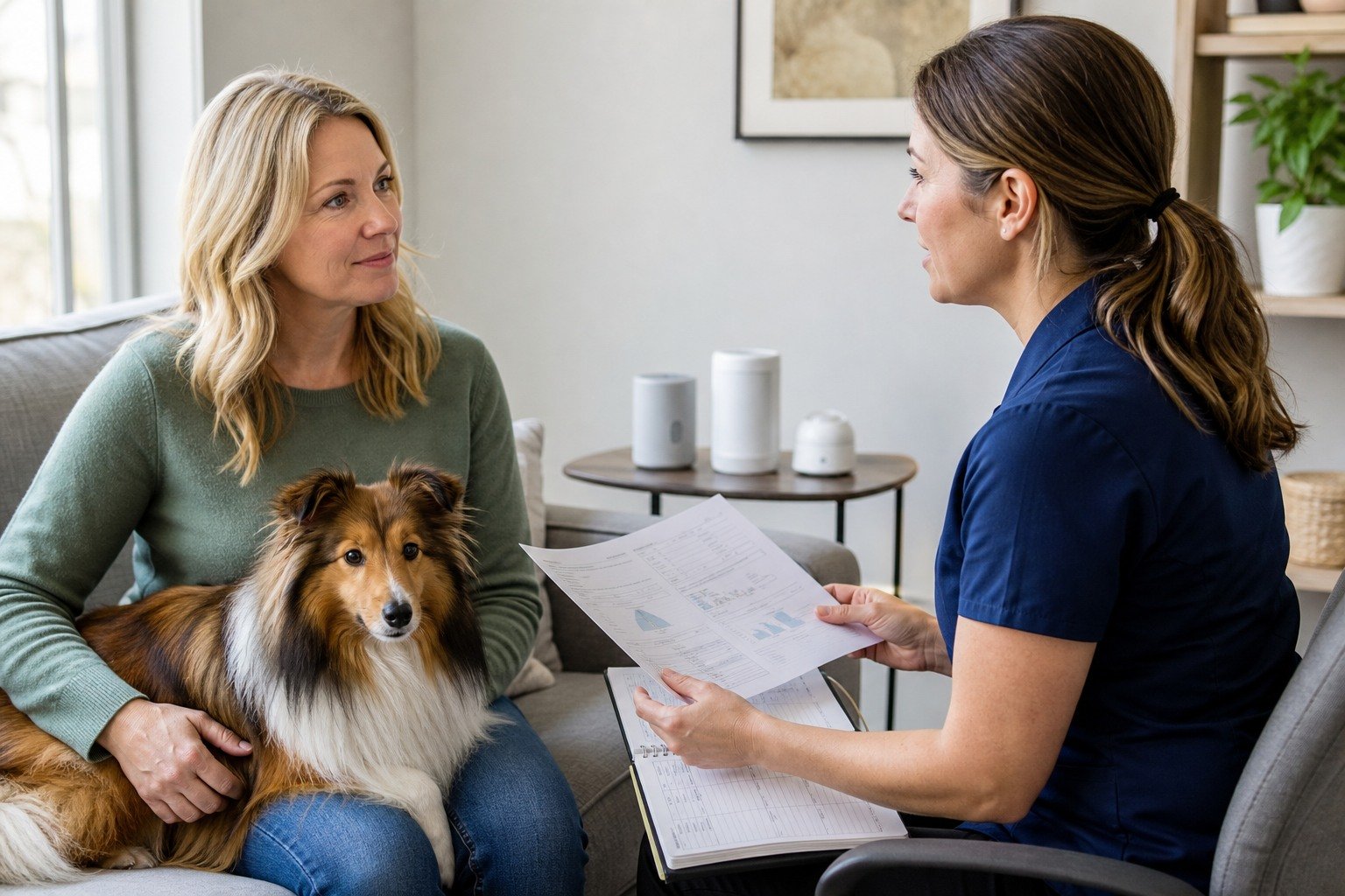 Veterinarian and owner review behavior evidence beside a calm Shetland Sheepdog while generic pheromone device shapes remain secondary.