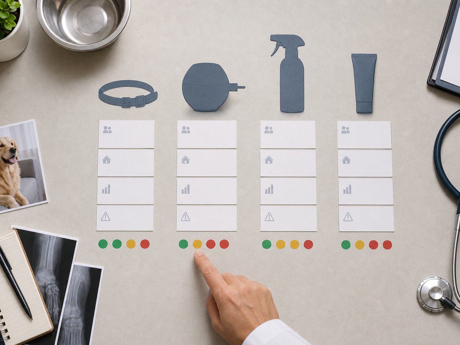 Generic unbranded collar, diffuser, spray, and gel silhouettes are compared with blank study cards and mixed result markers.