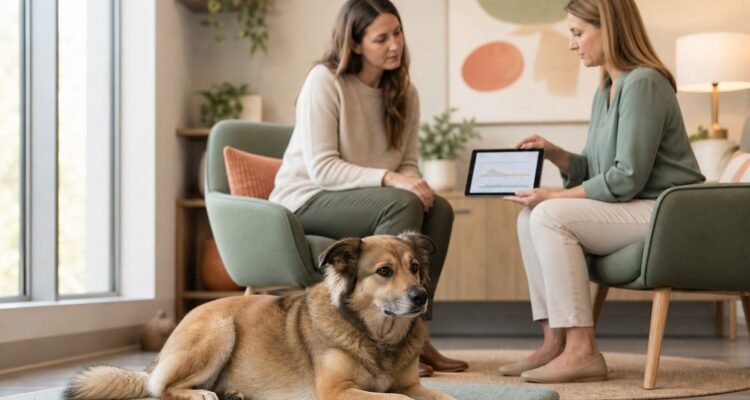 A calm mixed-breed dog rests during a veterinary behavior consultation while the owner and specialist review a history.