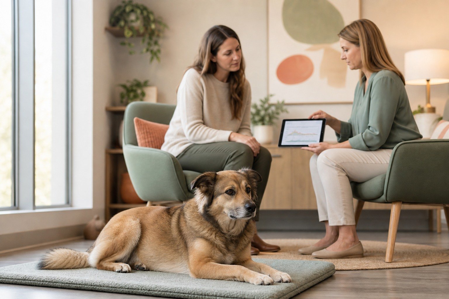 A calm mixed-breed dog rests during a veterinary behavior consultation while the owner and specialist review a history.