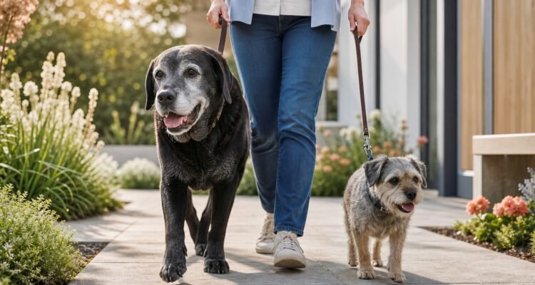 An older Labrador and small senior terrier walk comfortably with their owner near a veterinary wellness clinic.