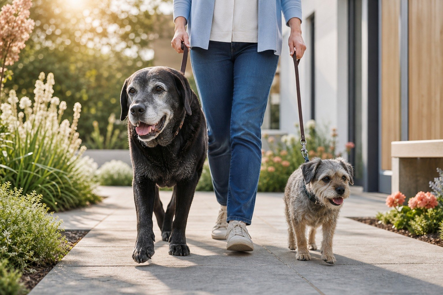 An older Labrador and small senior terrier walk comfortably with their owner near a veterinary wellness clinic.