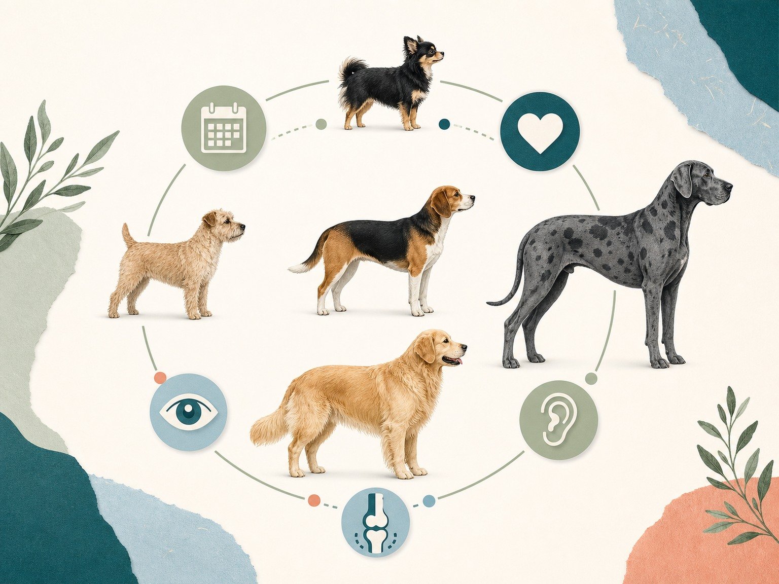 A text-free life-stage circle surrounds dogs of different sizes with health, mobility, vision, and hearing icons.