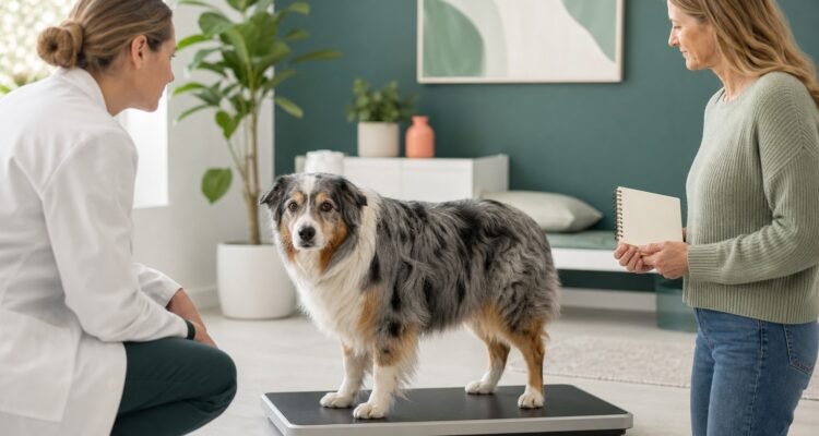 A senior Australian Shepherd stands calmly on a veterinary scale while the owner and veterinarian review observations.