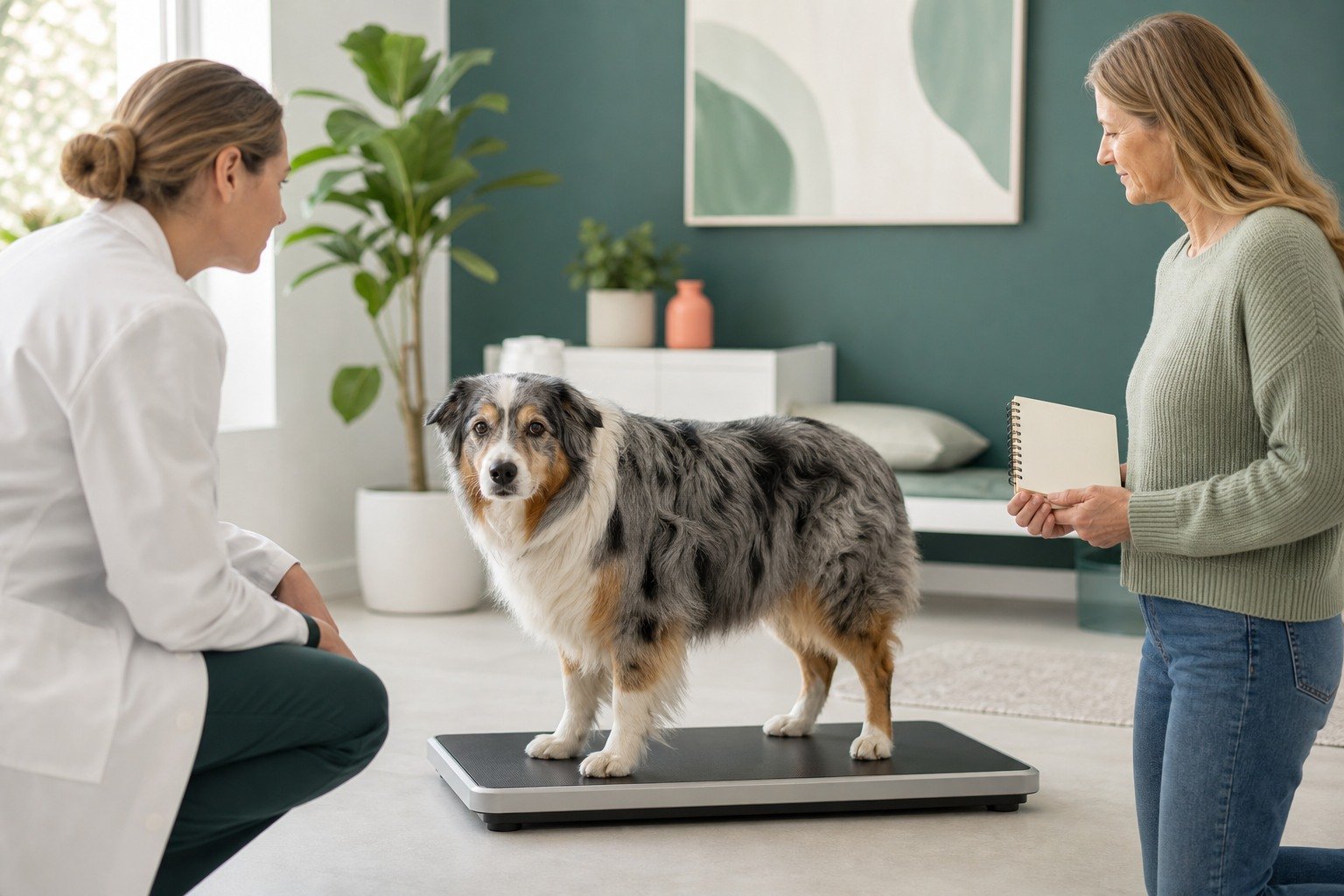A senior Australian Shepherd stands calmly on a veterinary scale while the owner and veterinarian review observations.
