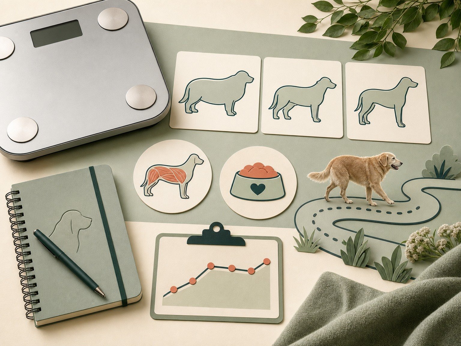 A text-free monitoring still life includes a scale, body-shape cards, muscle icon, appetite cue, mobility path, and trend chart.
