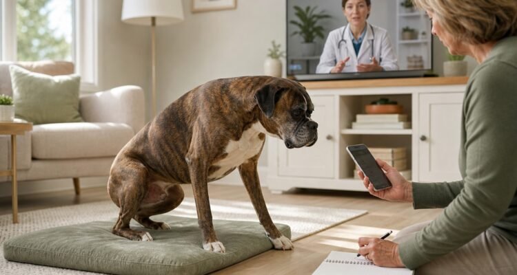 A senior Boxer rises from a low mat while the owner records an ordinary movement and consults a veterinarian by video.