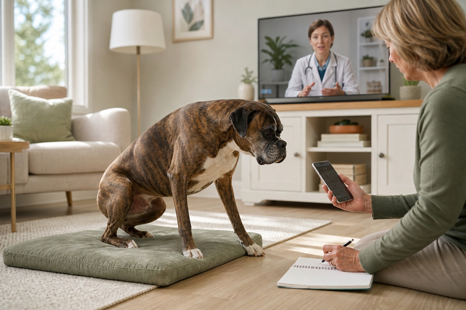 A senior Boxer rises from a low mat while the owner records an ordinary movement and consults a veterinarian by video.
