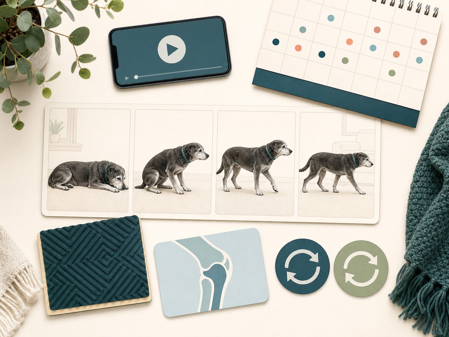 A text-free toolkit shows a senior dog rising and walking, a safe video card, calendar, joint cue, traction sample, and reassessment arrows.