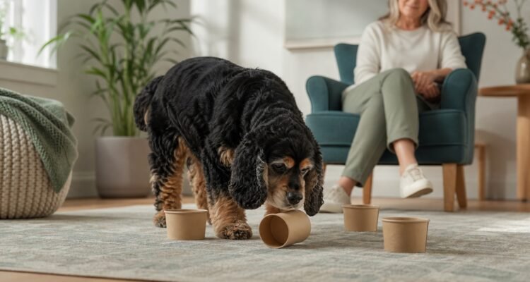 An older spaniel gently explores a simple scent-search setup while the owner watches from a comfortable distance.