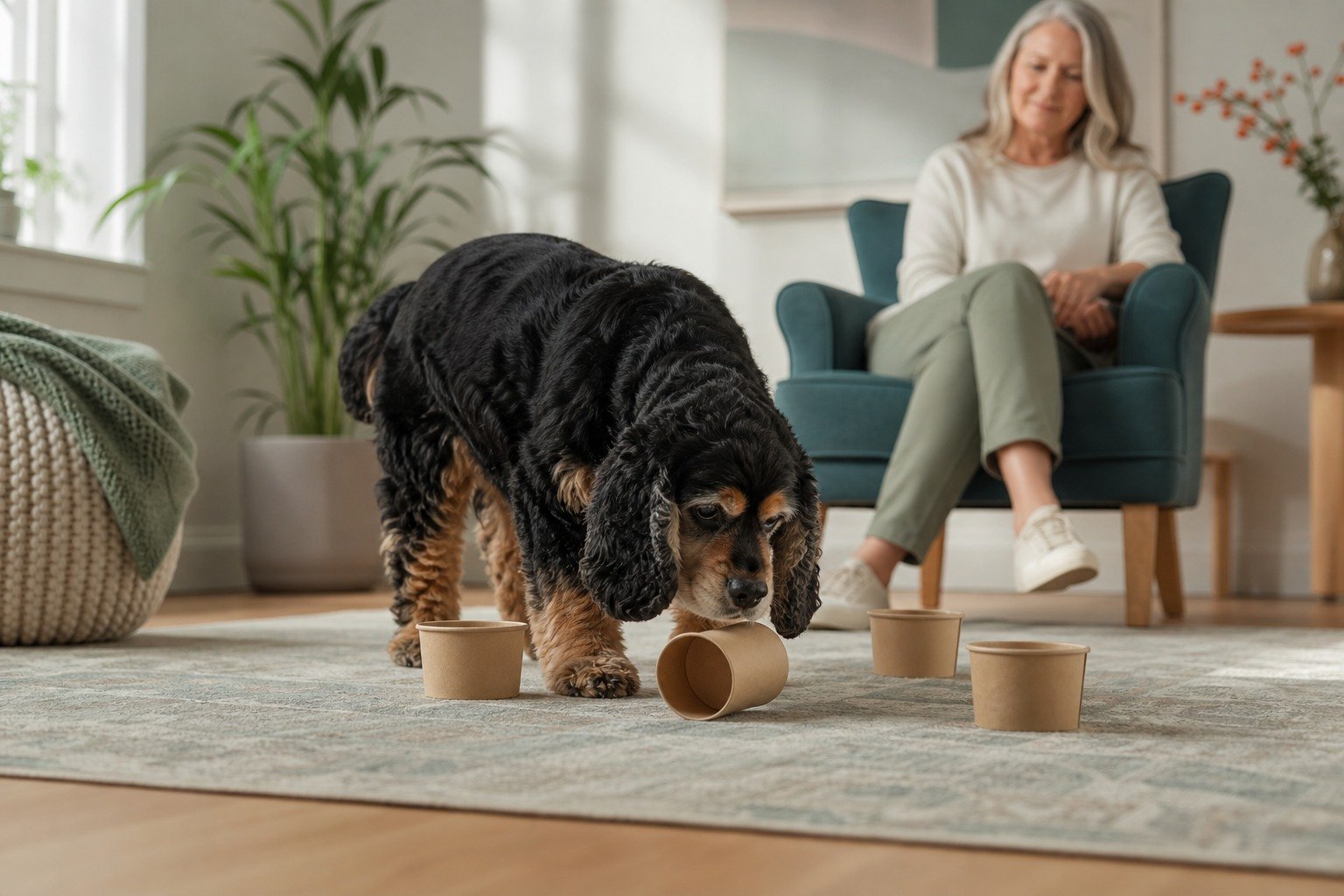 An older spaniel gently explores a simple scent-search setup while the owner watches from a comfortable distance.