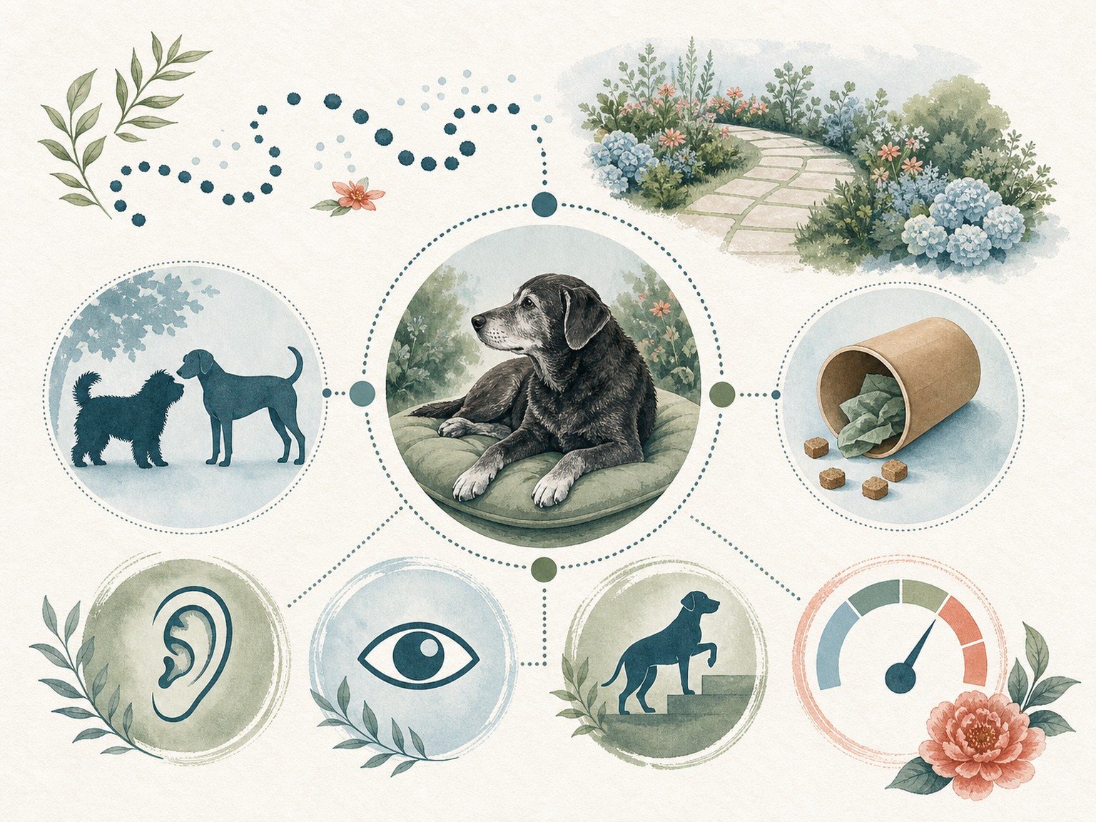 A text-free enrichment map connects scent, garden exploration, social contact, rest, senses, mobility, and comfort response.