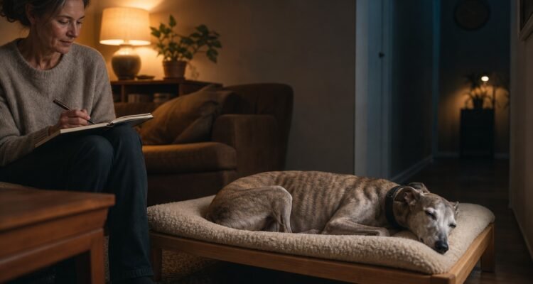 A silver-muzzled Whippet sleeps on an accessible bed while the owner quietly records an evening observation.