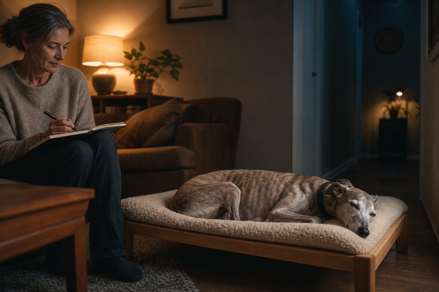 A silver-muzzled Whippet sleeps on an accessible bed while the owner quietly records an evening observation.
