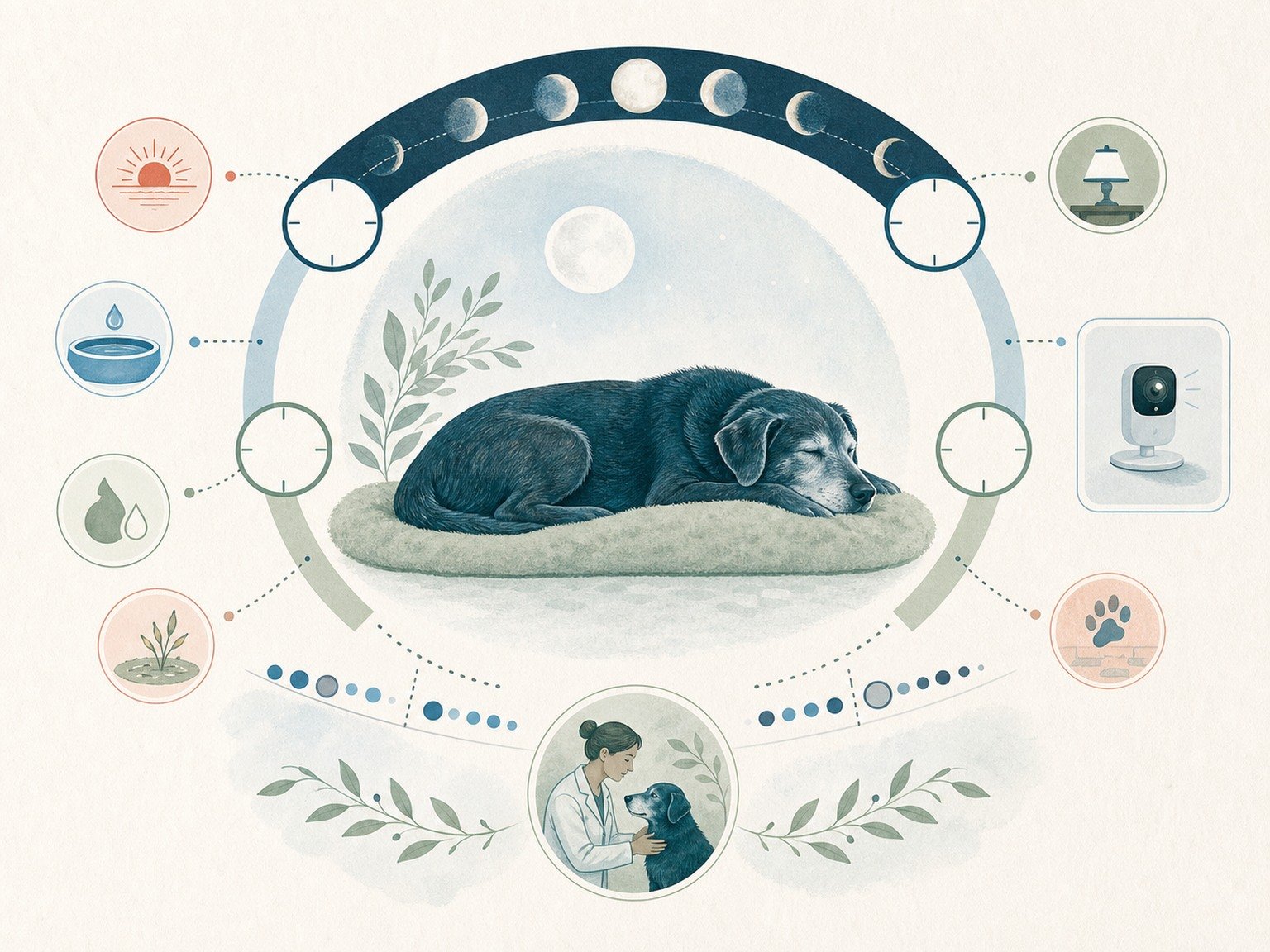 A text-free senior sleep log maps day and night, waking, water, elimination, mobility, video, and veterinary follow-up.