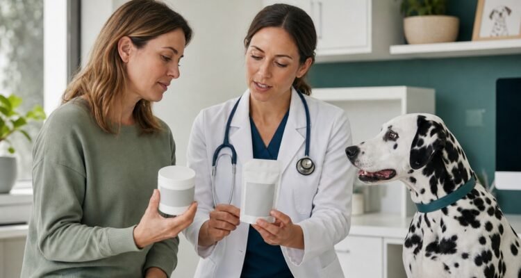 An owner and veterinarian compare two unbranded supplement containers while a Dalmatian waits calmly.