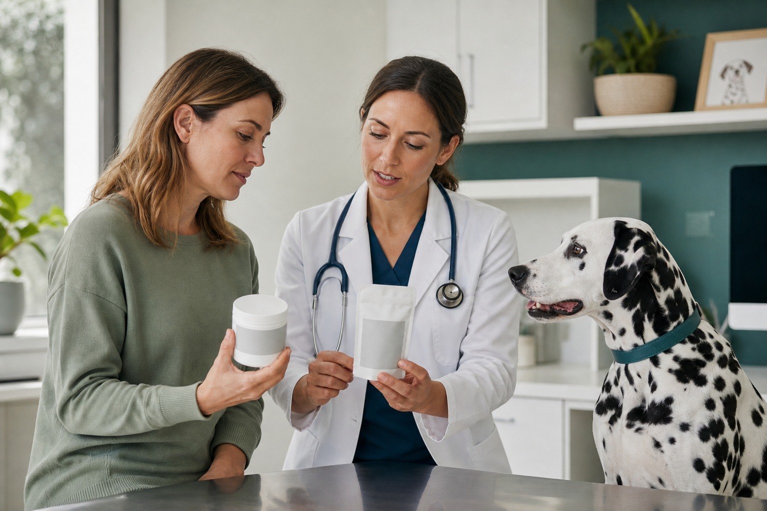 An owner and veterinarian compare two unbranded supplement containers while a Dalmatian waits calmly.