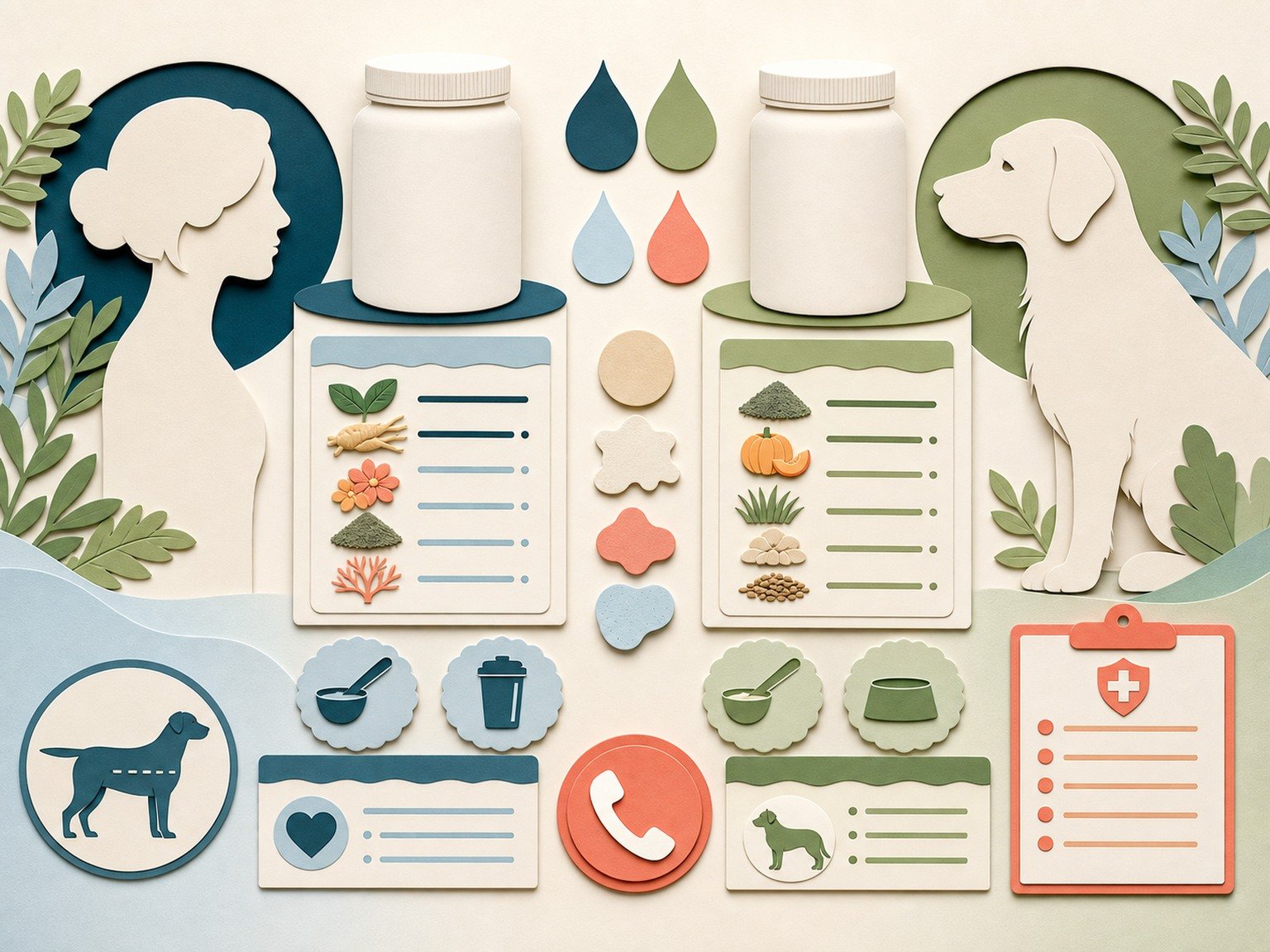 A text-free comparison maps product identity, ingredients, formulation, excipients, serving tools, dog context, and emergency response.