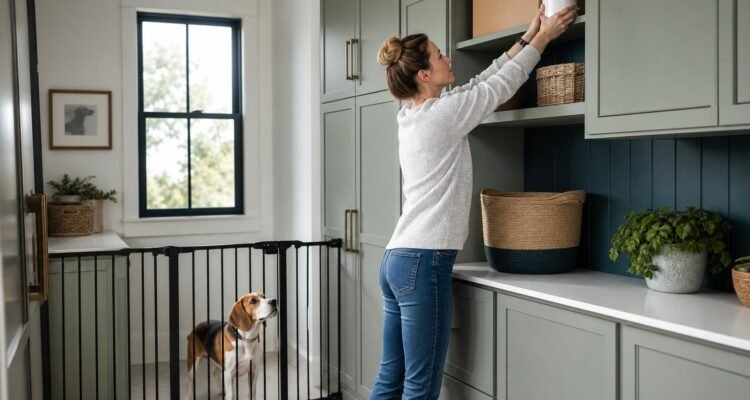 An owner stores an unbranded supplement package on a high closed pantry shelf while a Beagle stays behind a barrier.