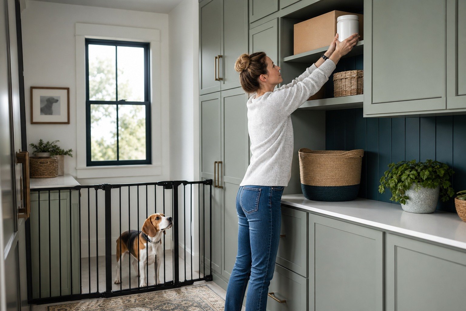 An owner stores an unbranded supplement package on a high closed pantry shelf while a Beagle stays behind a barrier.