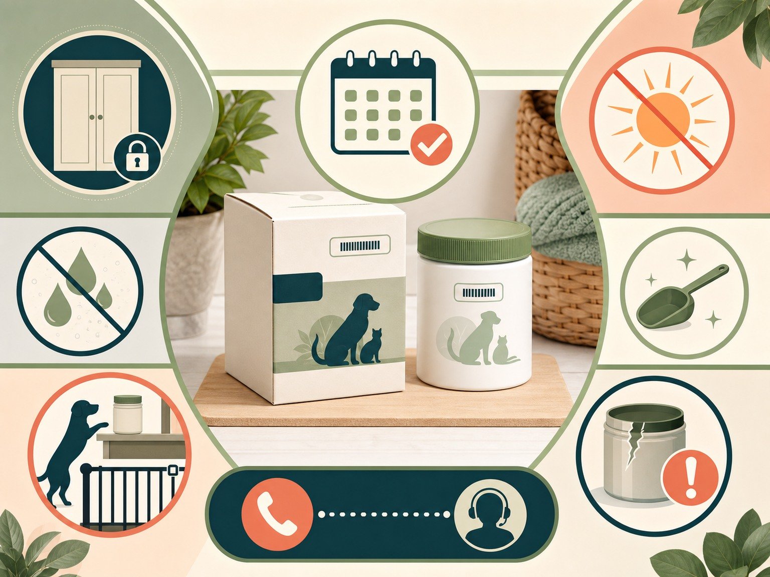 A text-free storage record shows original packaging, lot area, date, closed pantry, moisture and light cues, seal concern, and emergency contact.
