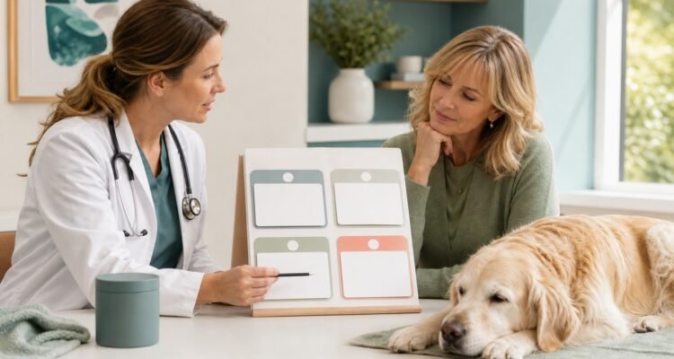 A veterinarian and owner review a blank supplement goal-and-response board while a senior Golden Retriever rests nearby.