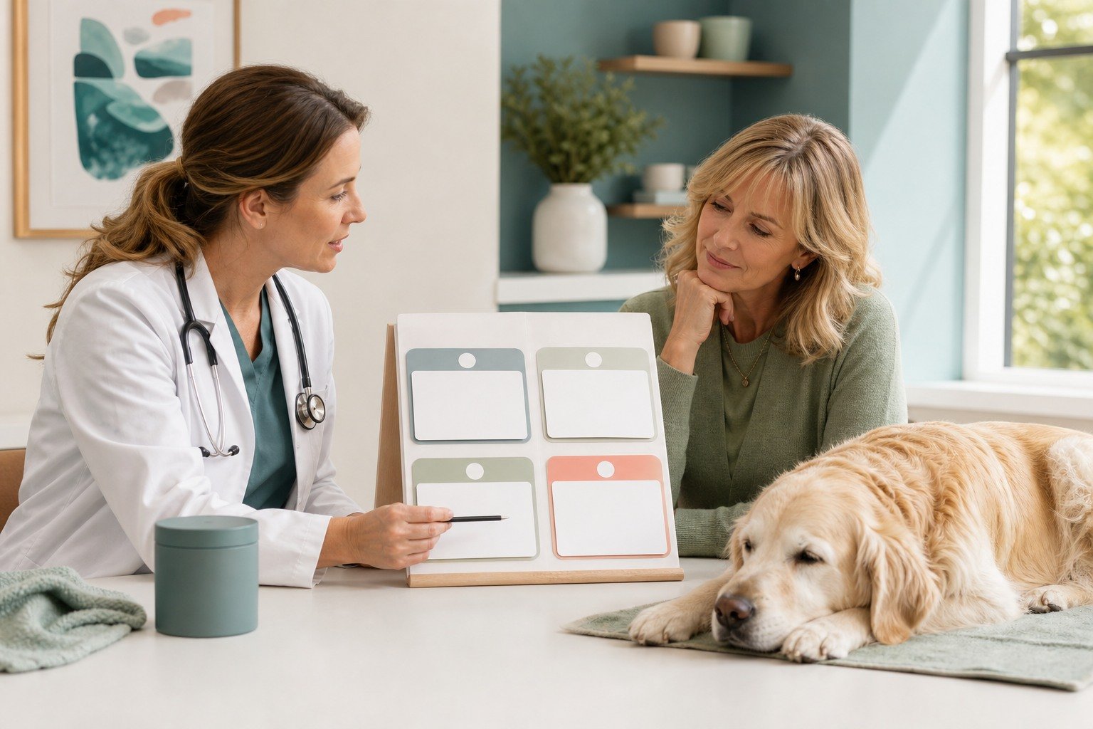 A veterinarian and owner review a blank supplement goal-and-response board while a senior Golden Retriever rests nearby.