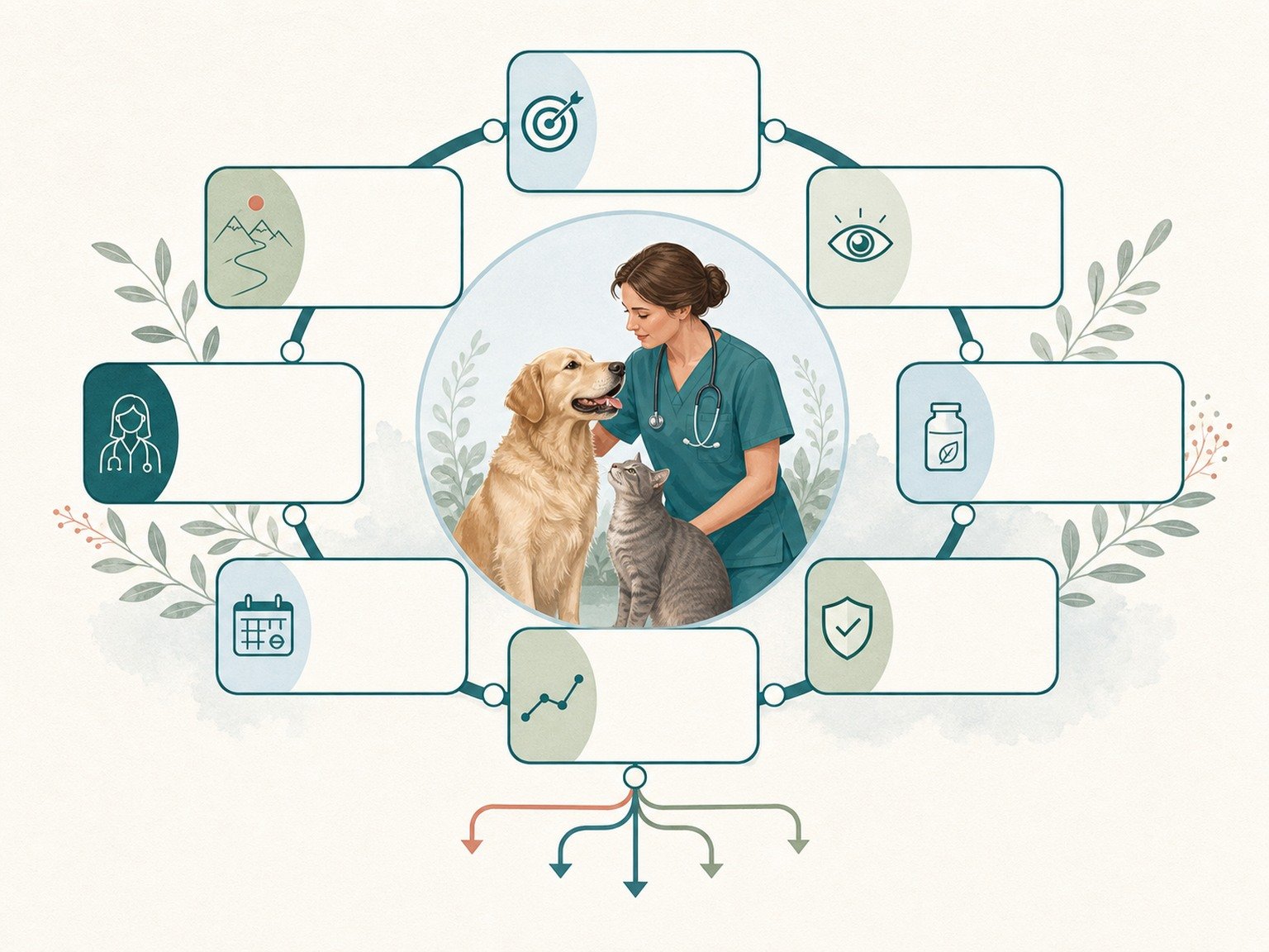 A text-free circular review maps purpose, baseline, target, product, concurrent exposures, observed change, review point, and veterinary decision.
