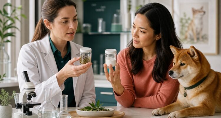 A veterinary scientist and owner neutrally compare botanical material and a white laboratory sample while a Shiba Inu rests nearby.