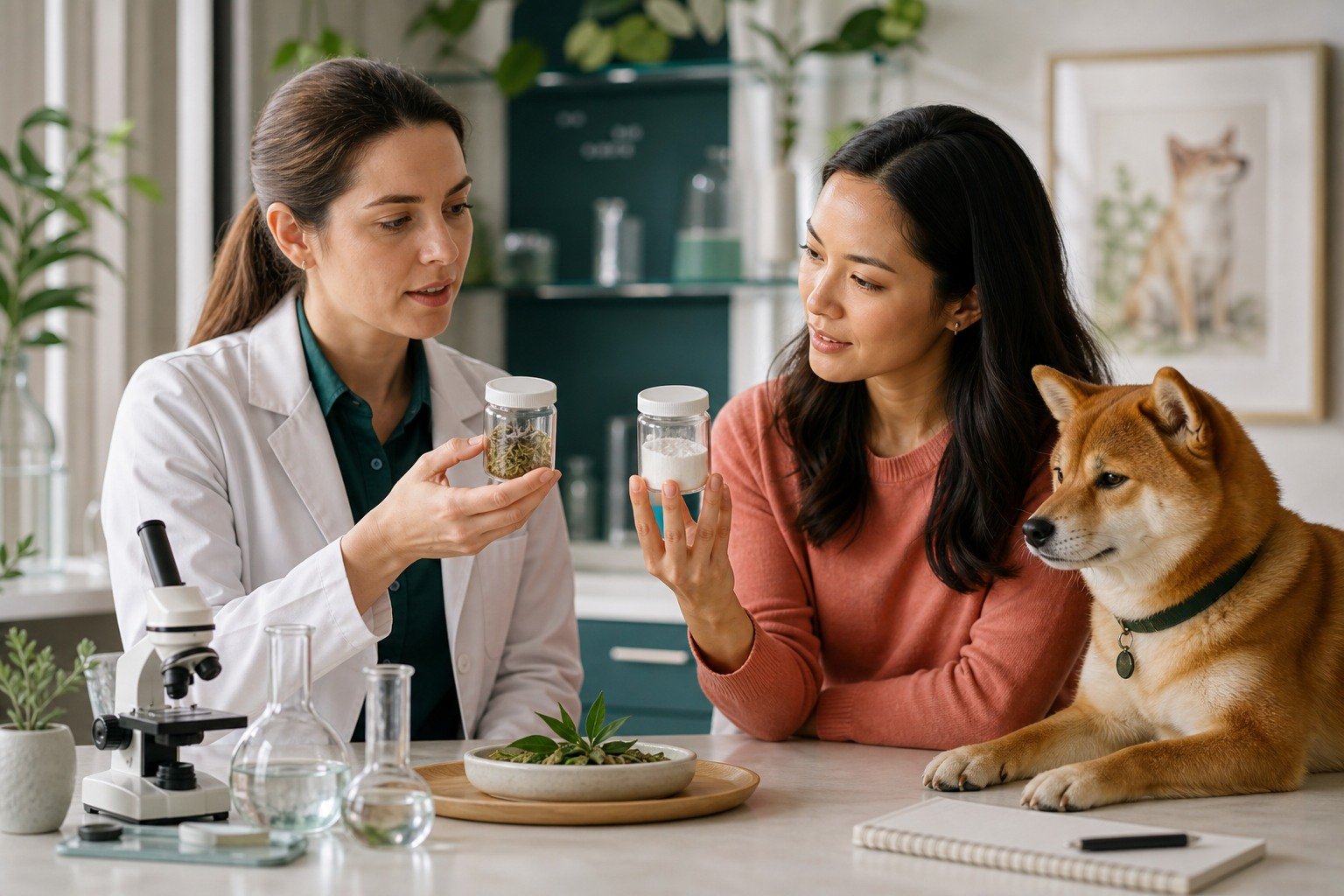 A veterinary scientist and owner neutrally compare botanical material and a white laboratory sample while a Shiba Inu rests nearby.