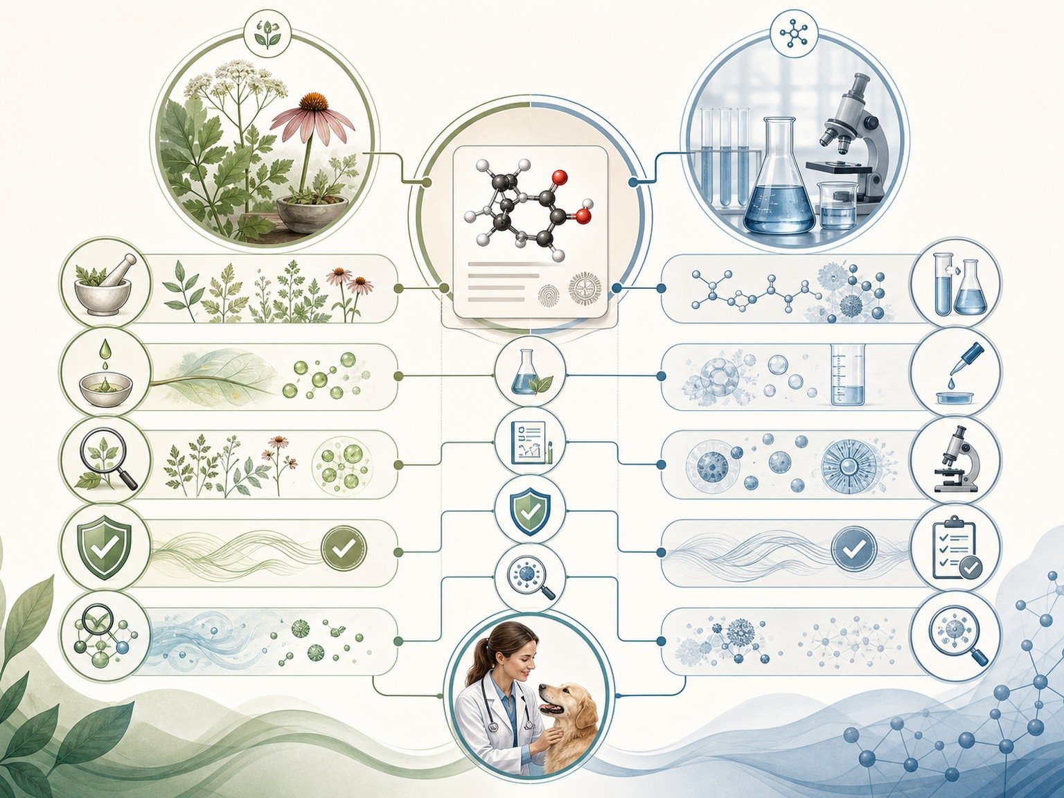 A text-free neutral matrix links botanical and laboratory sources to identity, formulation, evidence, quality, contaminants, intended use, and veterinary review.