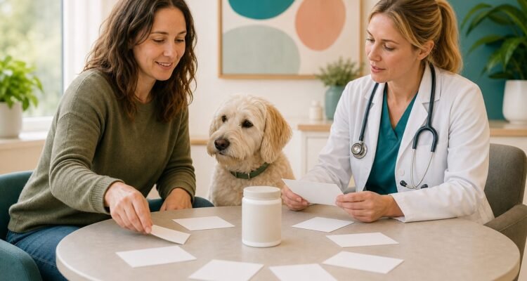 An owner and veterinarian arrange blank supplement question cards while a mixed-breed dog rests between them.