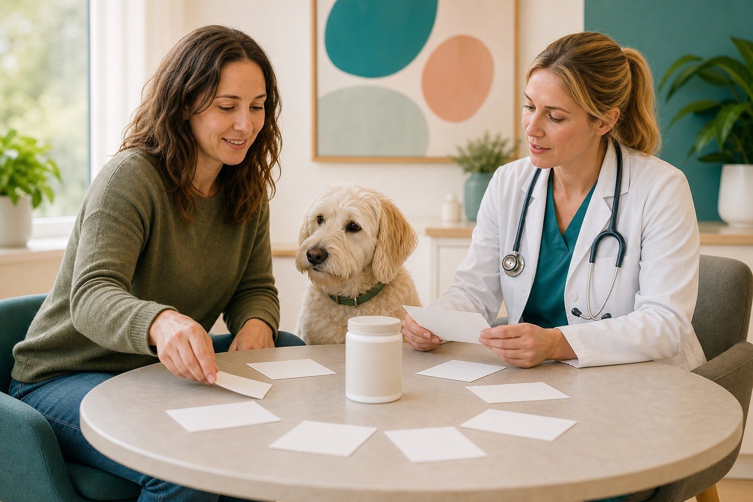 An owner and veterinarian arrange blank supplement question cards while a mixed-breed dog rests between them.