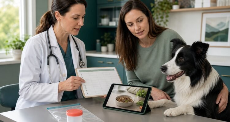 An owner and veterinarian review a digestive symptom timeline, diet photo, and sealed sample while a Border Collie waits calmly.
