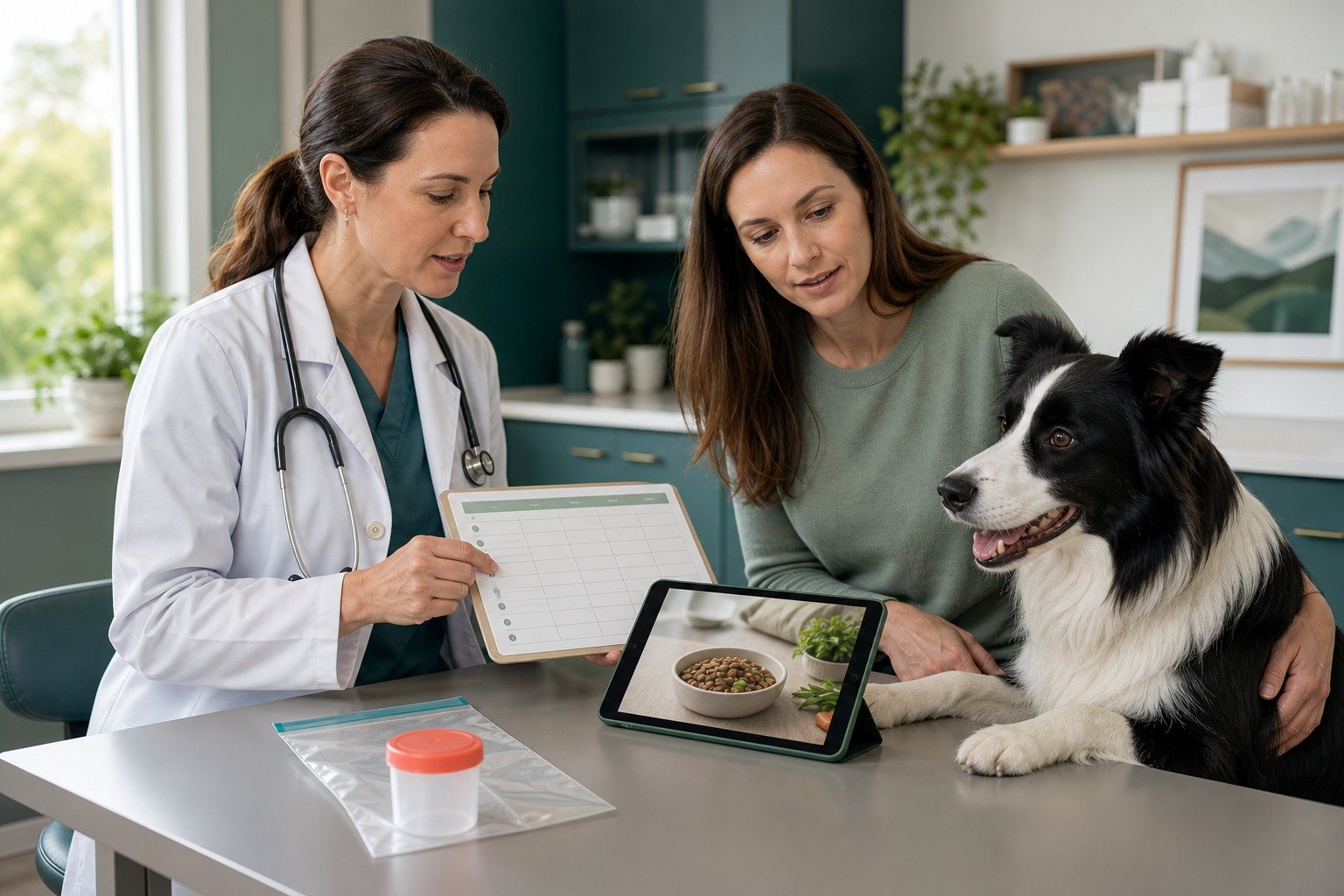 An owner and veterinarian review a digestive symptom timeline, diet photo, and sealed sample while a Border Collie waits calmly.