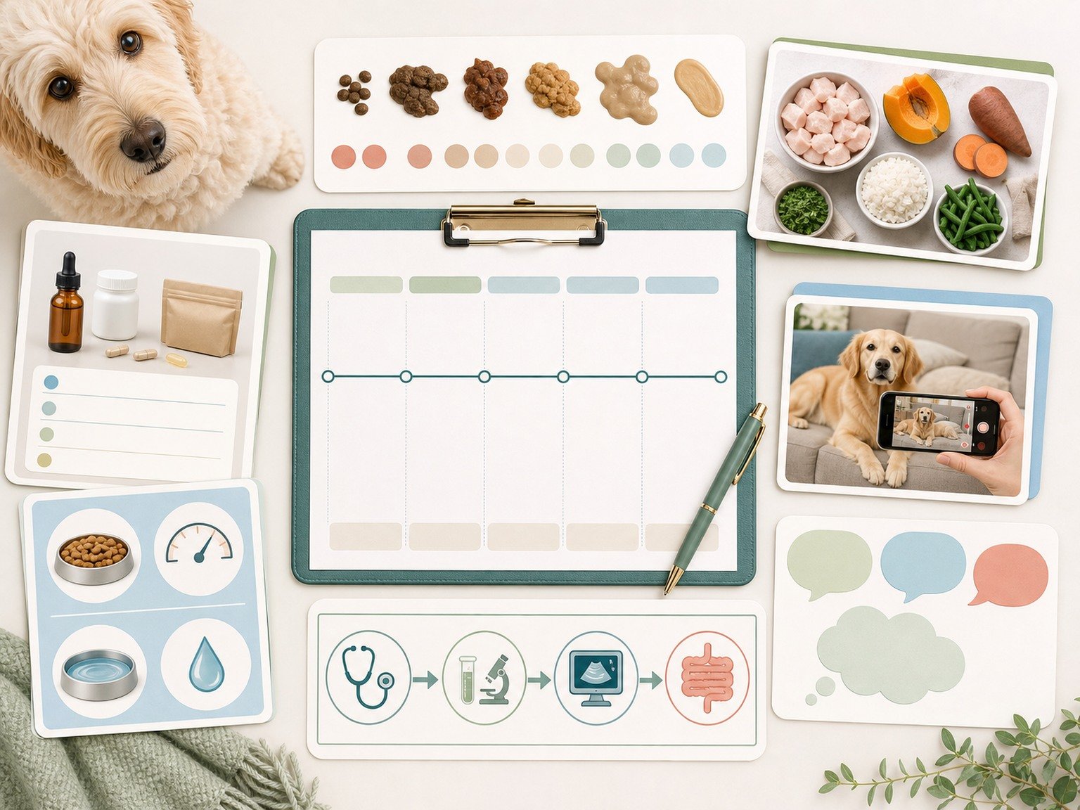 A text-free digestive appointment toolkit maps timeline, stool pattern, diet, products, appetite, water, video, questions, and tests.