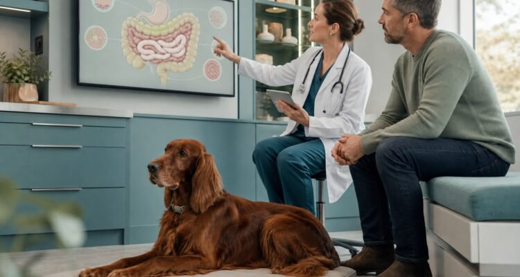 A veterinary internal-medicine specialist and owner review a gastrointestinal pathway while an Irish Setter rests nearby.